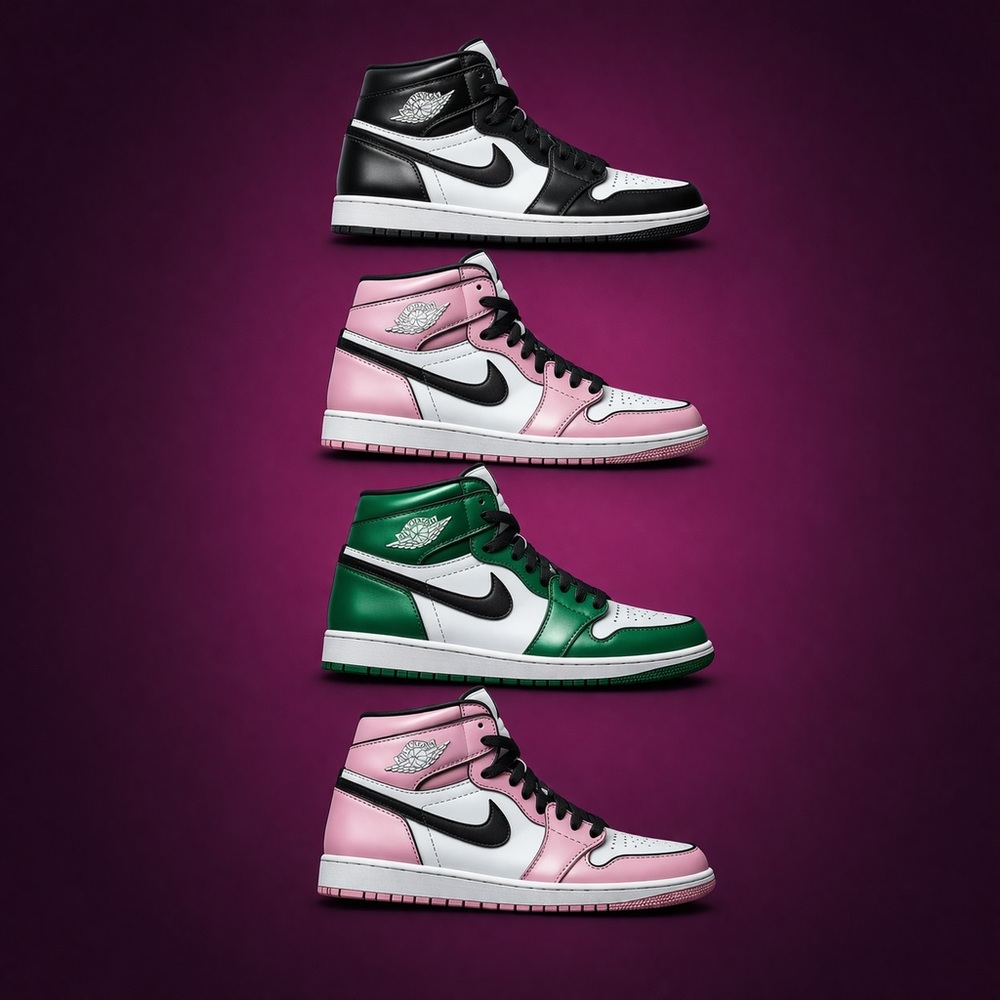 Nike Jordan High-Top Sneakers in Black, Pink, Green, White Wall Accents